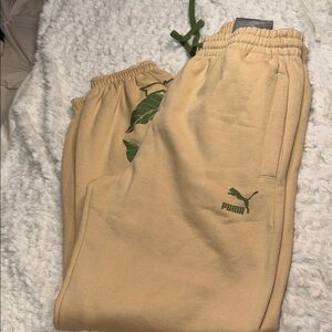 Puma Kids Beige Joggers with Green Logo